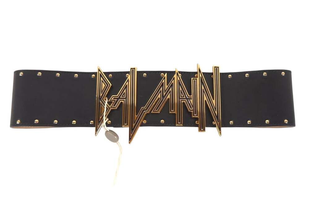 Balmain Statement Logo Lion Head Stud Leather Belt US XS FR 34 Womens Black Gold